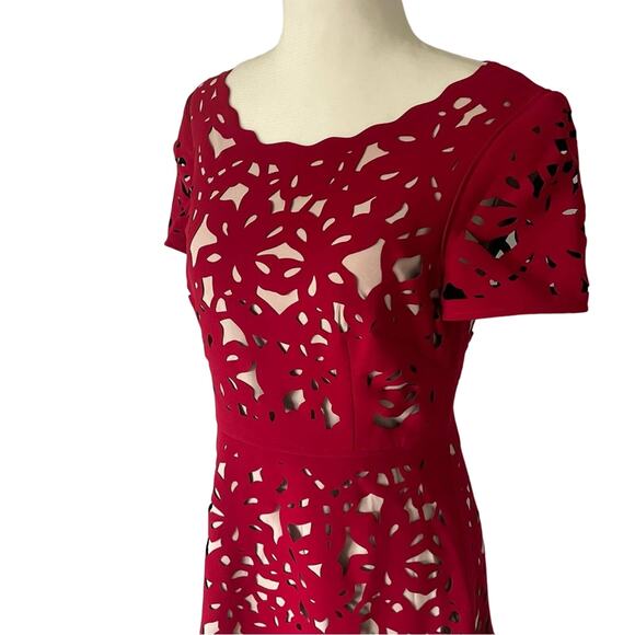 Moulinette Soeurs Red Laser Cut Floral Midi Dress - Size 4 - Picture 4 of 15